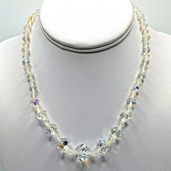 Vintage Jewelry - Vintage Aurora Borealis Glass Crystal Beaded Necklace Faceted Graduated AB 18"